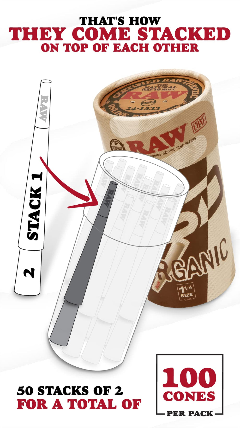 RAW Cones Organic 1-1/4 Size | 100 Pack | Pre Rolled Ro