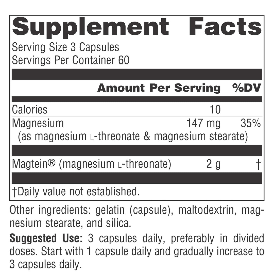 Magtein Magnesium L-Threonate 667mg Supports Focus, Mood, Healthy Memory, Cognitive Function, Sleep* - 90 Capsules