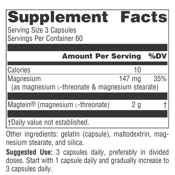 Magtein Magnesium L-Threonate 667mg Supports Focus, Mood, Healthy Memory, Cognitive Function, Sleep* - 90 Capsules