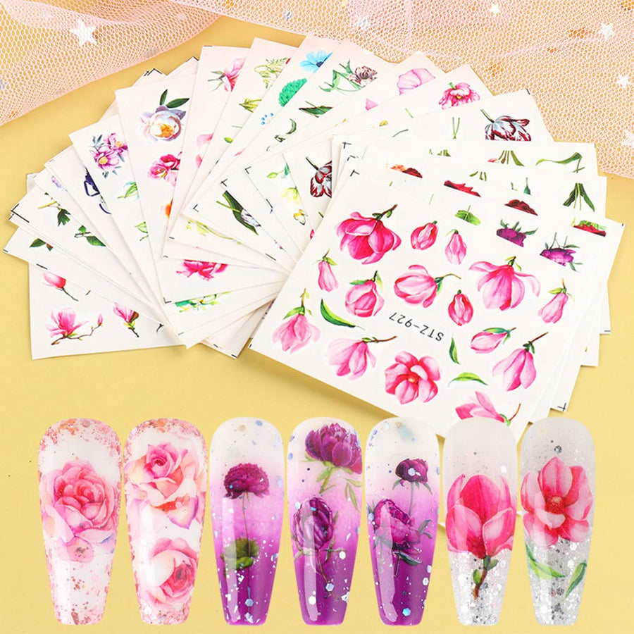 24 Sheet Flowers Nail Art Decals Nail Sticker for Women Rose Butterfly Nail Art Supplies with Assorted Floral Design Water Transfer Foil Tattoo DIY Decoration Nail Accessories Fingernail Manicure Tool