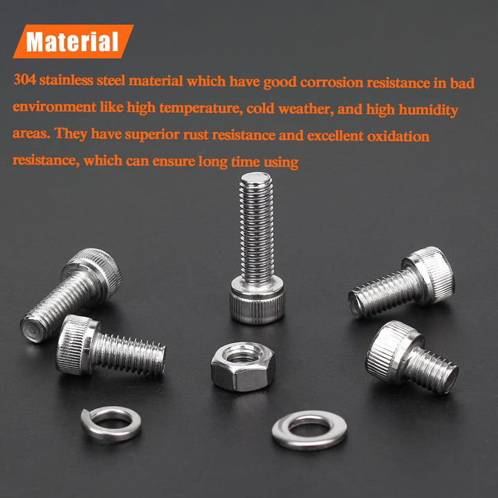 140 Pieces M6 x 8mm /10mm /12mm /16mm /20mm, Hex Socket Head Cap Metric Screws Bolts Washers Nuts Kit, 304 Stainless Steel