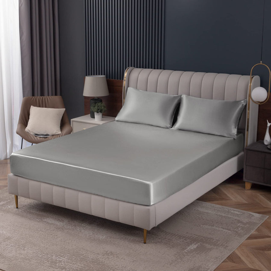 Homiest Light Grey Satin Fitted Sheet King Size Fitted 
