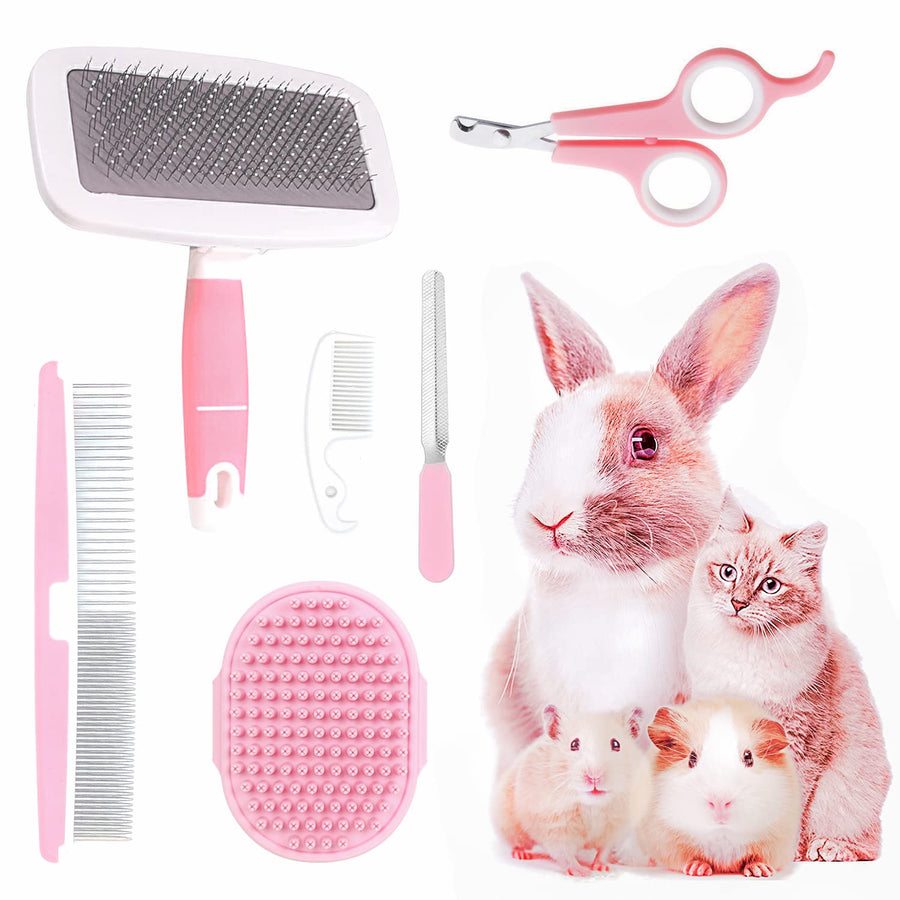 6-Piece Rabbit Grooming Kit with Pet Grooming Shedding Slicker Brush, Flea Comb, Nail Clipper, Bath Massage Glove Brush for Bunny, Cat, Dog, Guinea Pig, Hamster, Ferret, Small Animal Pet (Red, Pink)