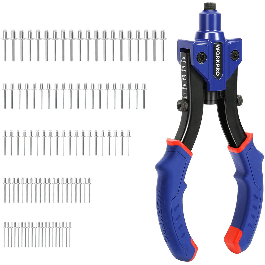 10-Inch Pop Rivet Gun, Heavy Duty Riveter with 3 Interchangeable Heads (3 Nosepieces) and 100pcs Rivets, 5-in-1 Hand Riveter Set for Metal, Plastic, Repairing Truck Bed, Fixing Highway Sign