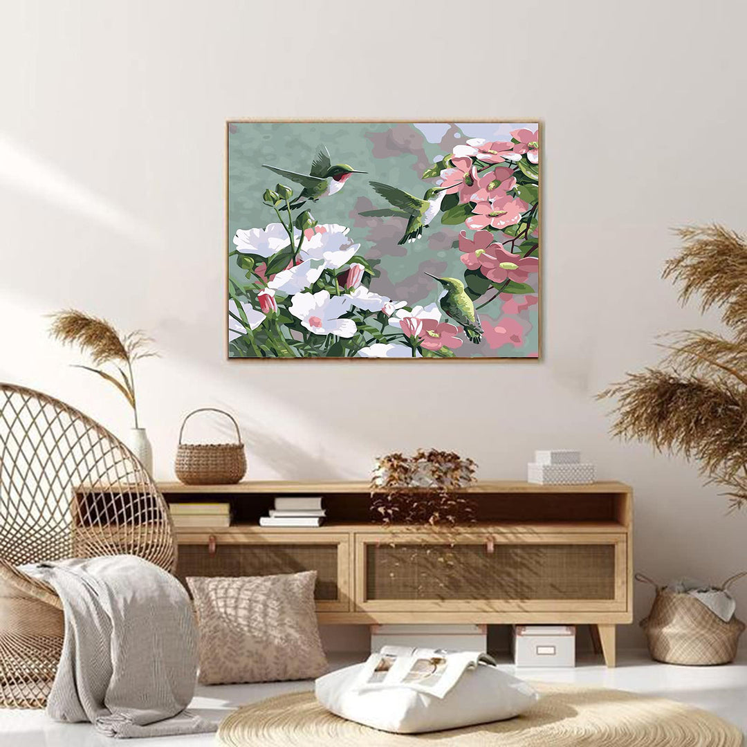 Paint by Numbers for Adults Beginner Kids,DIY Adult Paint by Number Kits on Canvas No Framed,Flowers and Hummingbird Acrylic Painting with 3 Brushes Easy Crafts Hobby for Women Oil Painting Kit