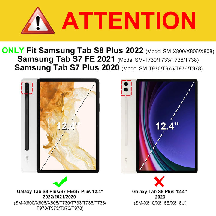 Hybrid Slim Case for Samsung Galaxy Tab S8 Plus 2022/S7 FE 2021/S7 Plus 2020 12.4 Inch with S Pen Holder, Shockproof Cover with Clear Transparent Back Shell, Auto Wake/Sleep, Black