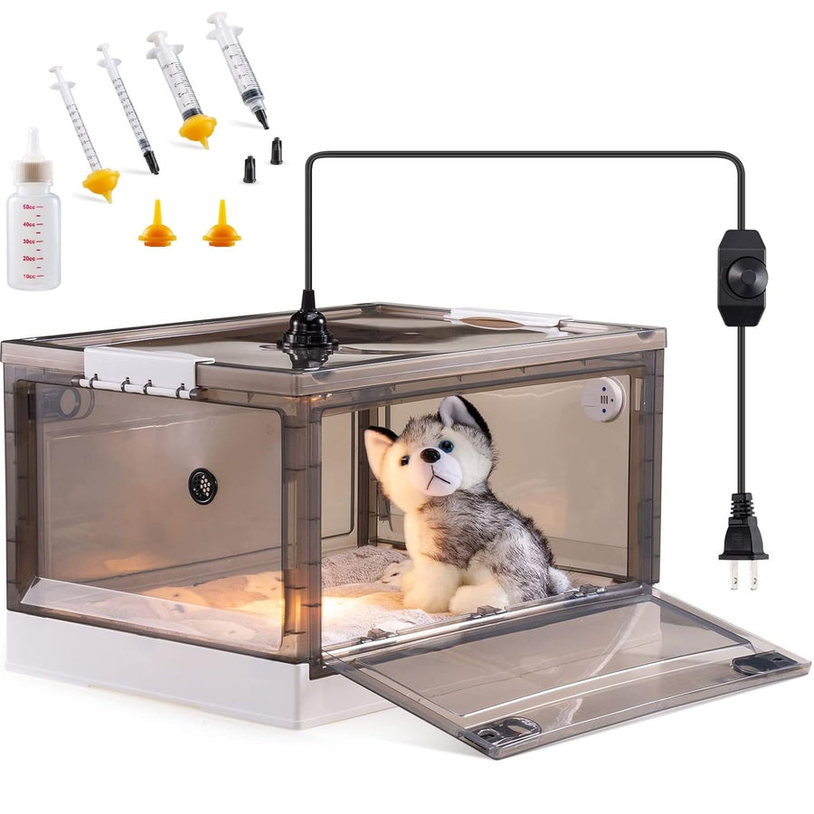 Pet Oxygen Chamber, Puppy Incubator for Newborn Puppy and Kitten, Nebulized Oxygen Critical Care Unit for Dog and Cat, with Kitten Bottle Feeding Kit and Pet Warming Lamp, Thermometer and Cotton Pad
