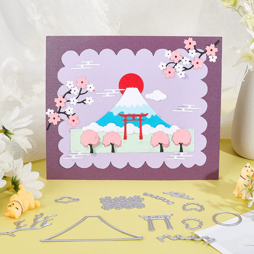 Classic Japanese Viewpoint Cut Dies Cherry Blossoms and Mount Fuji Template Oriental Style Die Cuts for Card Making Scrapbooking Card DIY Craft