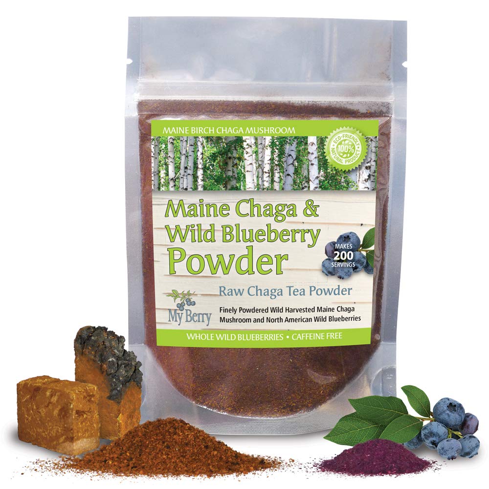 Maine Chaga &amp; Wild Blueberry Tea Powder, Makes Over 200 Servings, 100% Wild-Harvested USA &amp; Canadian Grown Chaga
