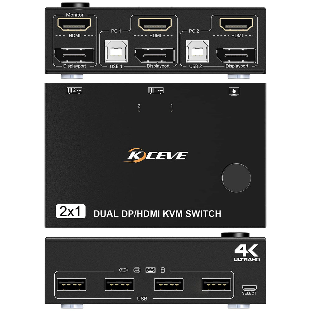 KVM Switch 2 Port Box, Displayport and HDMI Switcher for 2 Computers Sharing One HD Monitor and 4 USB Devices Keyboard Mouse Printer, with DP to HDMI Adapter Function