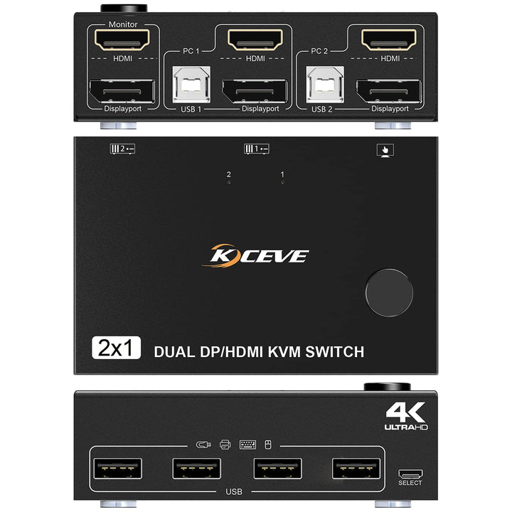 KVM Switch 2 Port Box, Displayport and HDMI Switcher for 2 Computers Sharing One HD Monitor and 4 USB Devices Keyboard Mouse Printer, with DP to HDMI Adapter Function