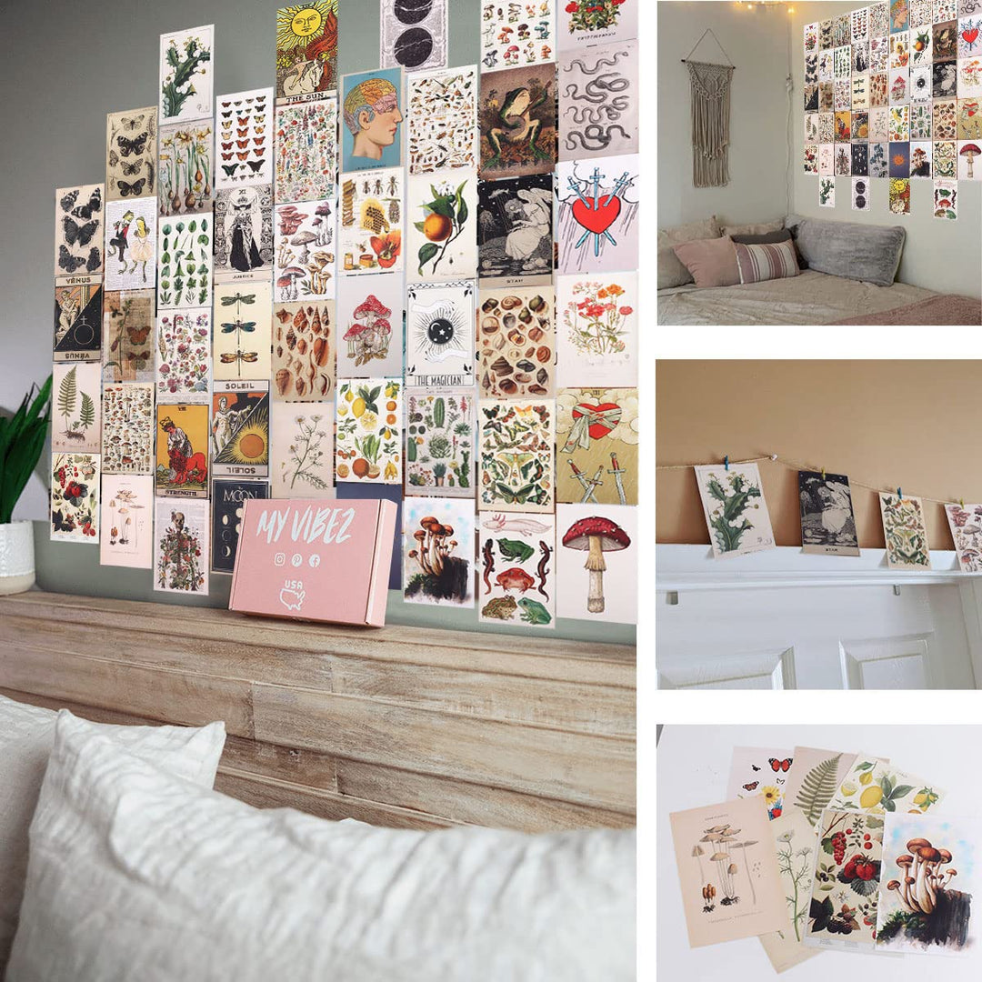 Wall Collage Kit,50 Pcs Vintage Botanical Wall Collage Posters Aesthetic Pictures for Tarot Boho Botanical Illustrations Nature Posters,Teen and Girls Dorm Room Art Aesthetic