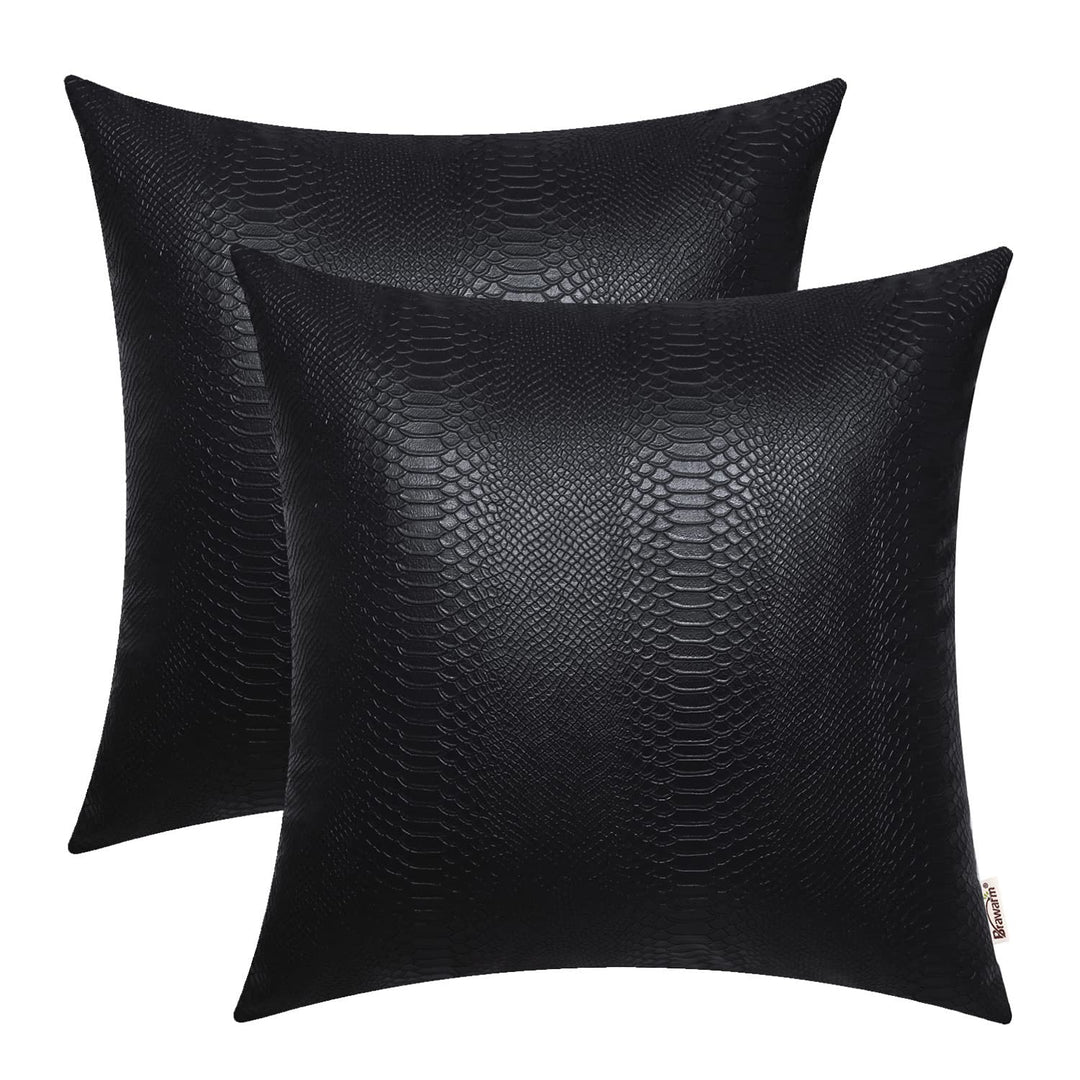 BRAWARM Faux Leather Pillow Covers 16 X 16 Inches, Black Leather Pillow Covers Pack of 2, Crocodile Leather Decorative Throw Pillows for Living Room Couch Bed Sofa Home