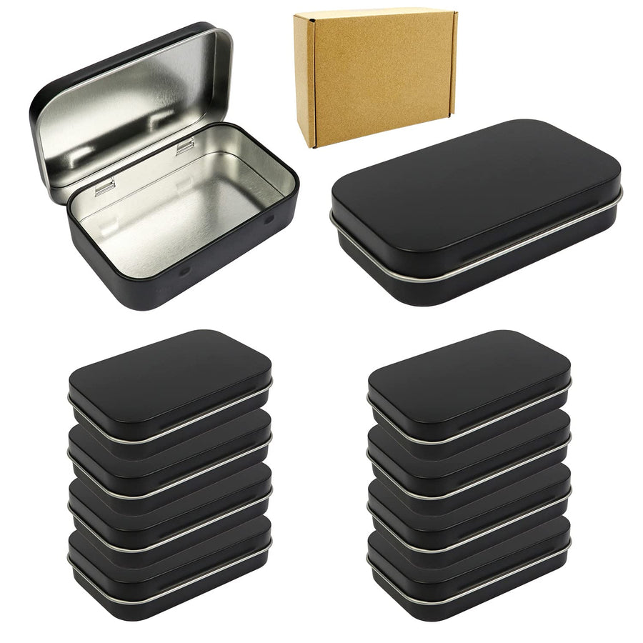 10 Pack Metal Rectangular Empty Hinged Tins Box Containers 3.75 by 2.45 by 0.8 Inch Black Mini Portable Box Small Storage Kit Home Organizer (10 Black)