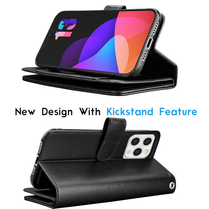 Wallet Case Compatible with iPhone 13 (6.1 inch) 2021 Luxury ID Cash Credit Card Slots Holder Carrying Pouch Folio Flip PU Leather Cover [Detachable Magnetic Hard Case] with Strap [Black]