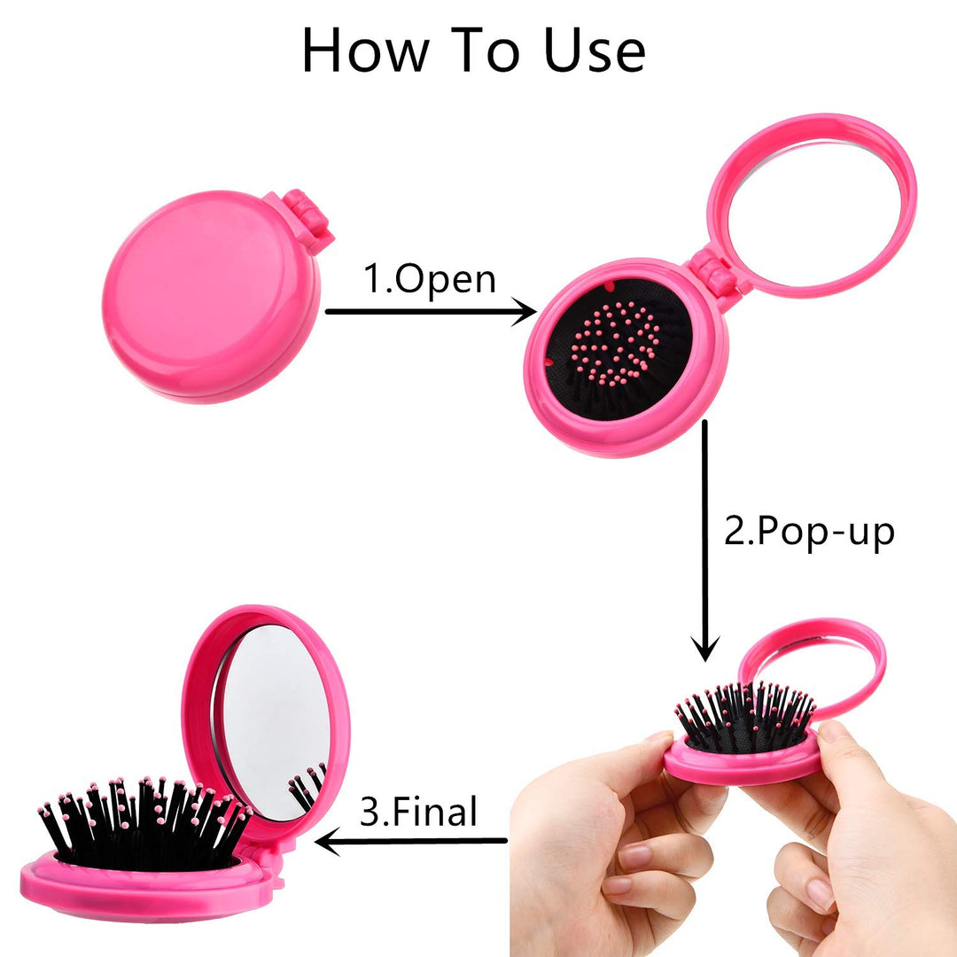 4 Pcs Pocket Hair Brush with Mirror Folding Round Travel Hair Brush Mini Hair Comb Compact Travel Size Hair Massage Combor for Women and Girls, Black