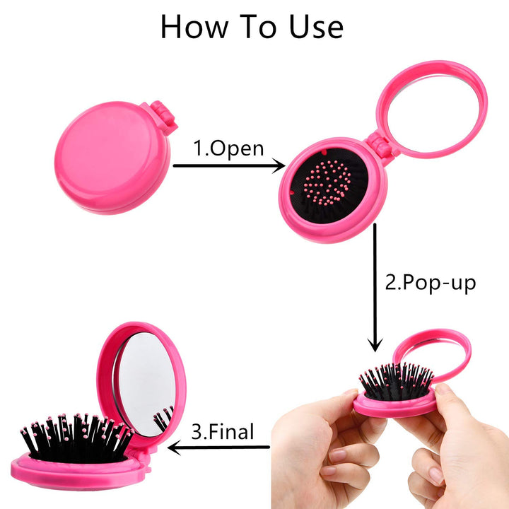 4 Pcs Pocket Hair Brush with Mirror Folding Round Travel Hair Brush Mini Hair Comb Compact Travel Size Hair Massage Combor for Women and Girls, Black