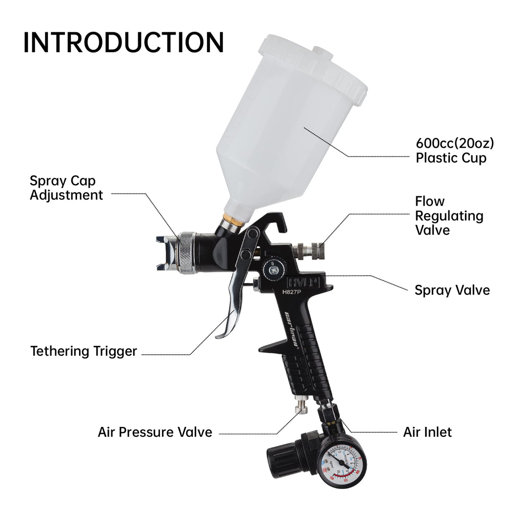 Cartman HVLP Gravity Feed Air Spray Gun H827P, 20.2 oz Capacity, Optimal Working Pressure 2-3.5bar, Nozzle Size:1.4mm with Air Regulator
