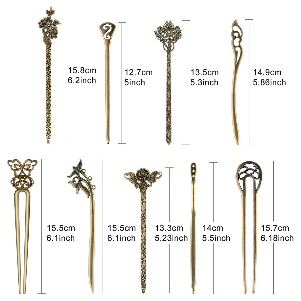 18 PCS Hair Sticks Vintage Hair Pins Chinese Women Hair Chopsticks Pins Retro Vintage Decorative for Hair Accessory(9 Design) (bronze)