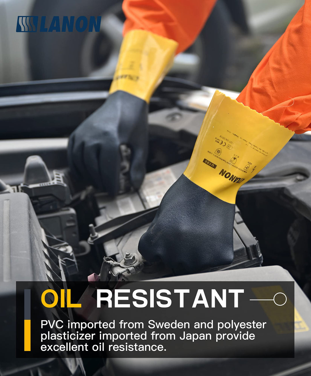 LANON PVC Chemical Gloves, Thick Rubber Work Gloves, Heavy-Duty, EN 374/388, Acid, Alkali and Oil, Non-Slip, Large