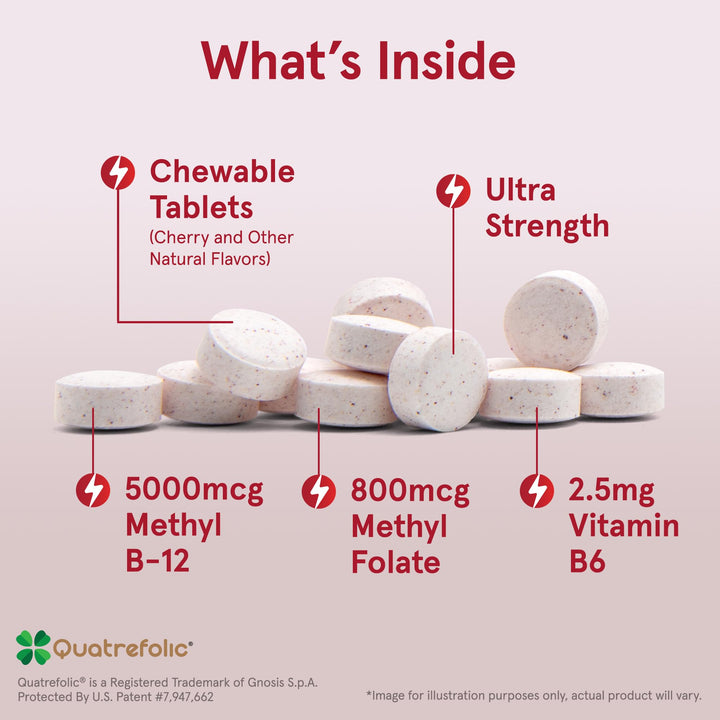 Ultra Strength Methyl B-12 5000 mcg &amp; Methyl Folate 800 mcg + P-5-P, Dietary Supplement for Cellular Energy Metabolism and Cardiovascular Support, 60 Chewable Tablets, 60 Day Supply