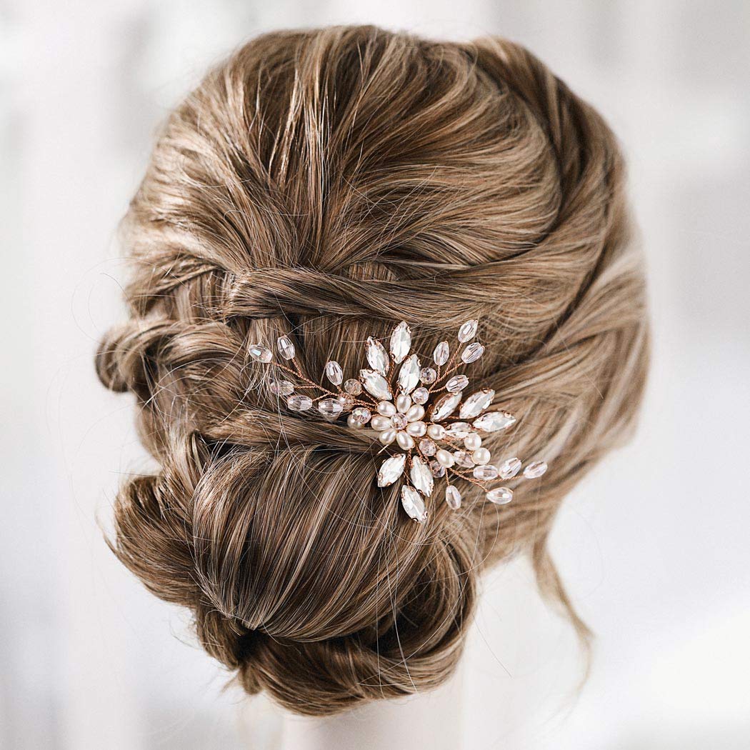 Bride Wedding Rhinestone Hair Pins Crystal Bridal Hair Pieces Wedding Hair Accessories for Women and Girls (Rose Gold)