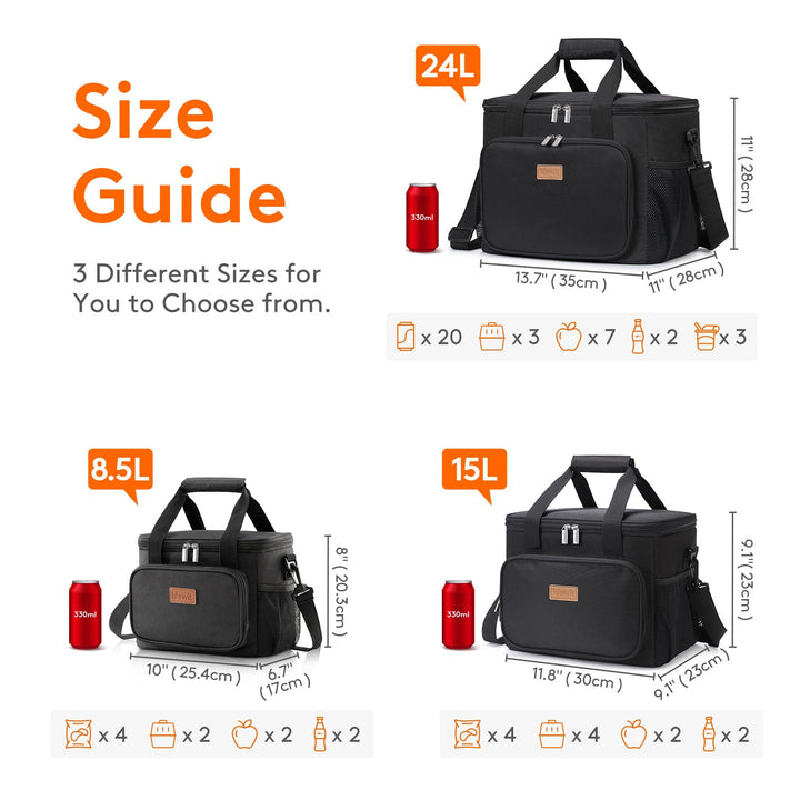 Large Lunch Bag Insulated Lunch Box Soft Cooler Cooling Tote for Adult Men Women, Black 24-Can (15L)