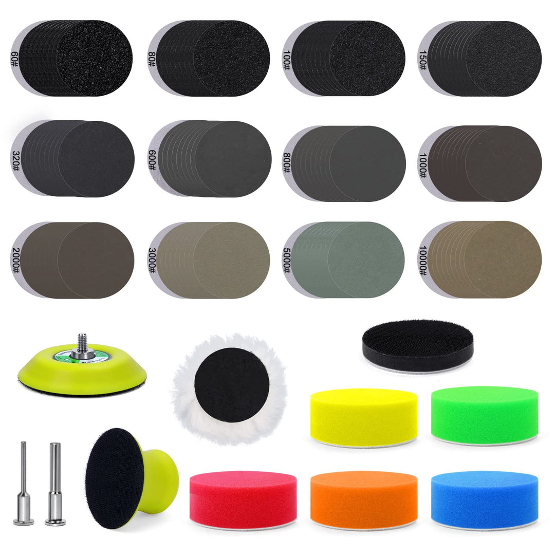 131 PCS 3 Inch Sanding Discs Hook and Loop 60 to 10000 Wet Dry Sandpaper with 1/8&amp;1/4 Shank Backing Pad, Polishing Pads and Buffering Pad for Drill Grinder Rotary Tools, Wood Metal Jewelry