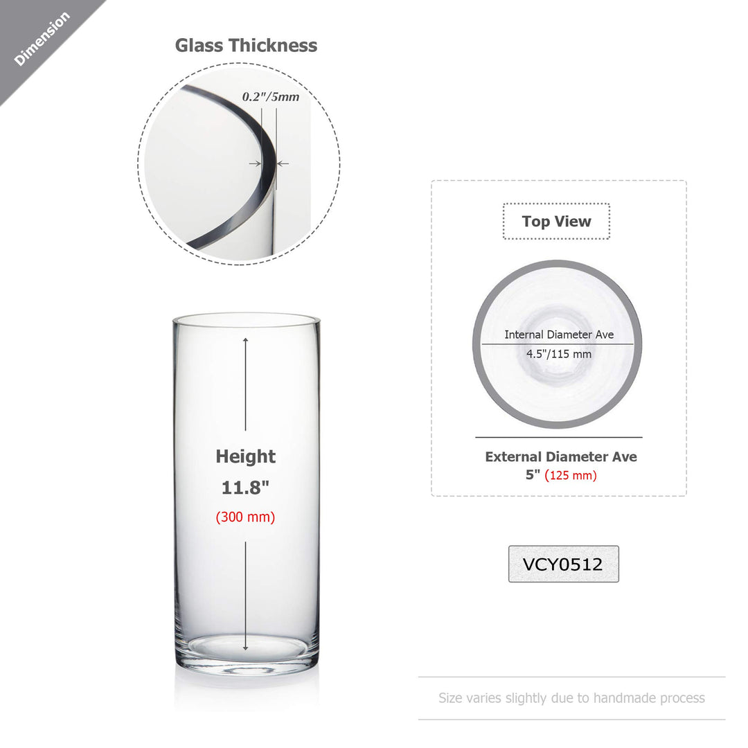 WGV Quality Thick Cylinder Vase, Diameter 5, Height 12,
