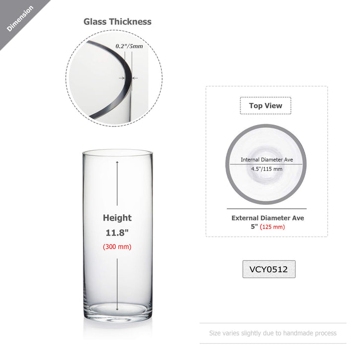 WGV Quality Thick Cylinder Vase, Diameter 5, Height 12,