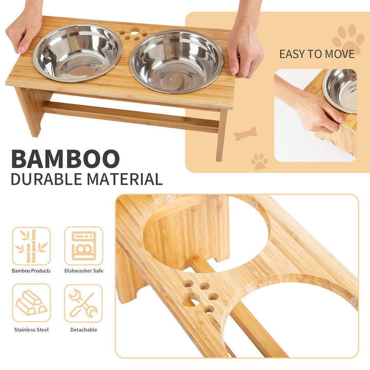 FOREYY Raised Pet Bowls for Small and Medium Dogs, Bamboo Elevated Dog Cat Food and Water Bowls Stand Feeder with 2 Stainless Steel Bowls and Anti Slip Feet (New 7&#39;&#39; Tall)