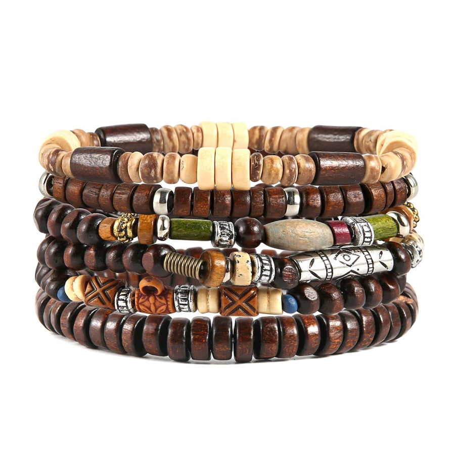 HZMAN Wrap Bracelets Men Women, Hemp Cords Wood Beads E