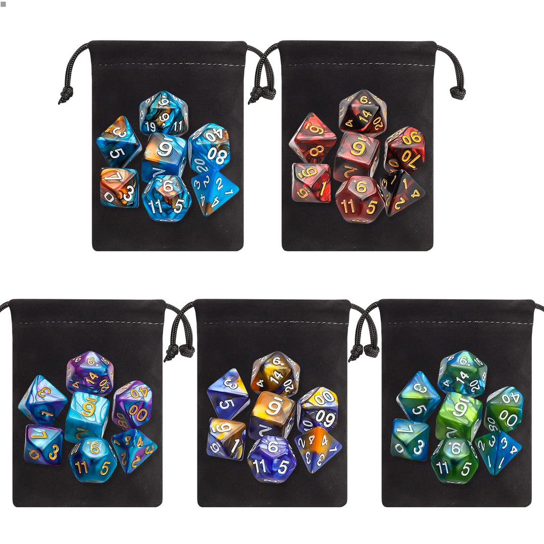 Polyhedral Dice Set (35 Pieces) with Black Pouches, 5 Complete Double-Colors Dice Sets of D4 D6 D8 D10 D% D12 D20 Compatible with Dungeons and Dragons DND RPG MTG Table Games