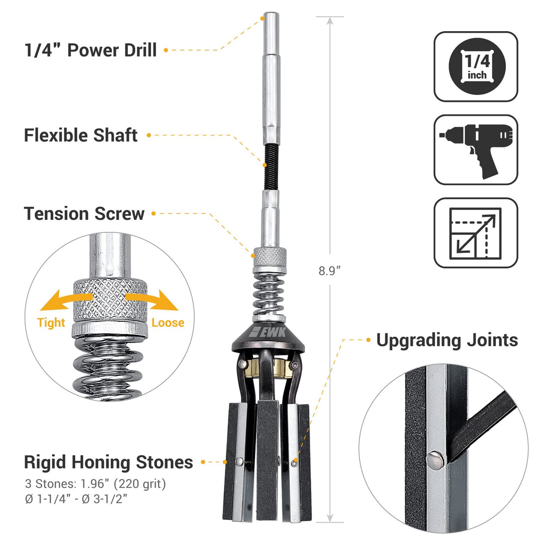 1-1/4 to 3-1/2 Inch 3 Stones Engine Cylinder Hone Tool Adjustable Cylinder Deglazer Piston Honer 220 Grit