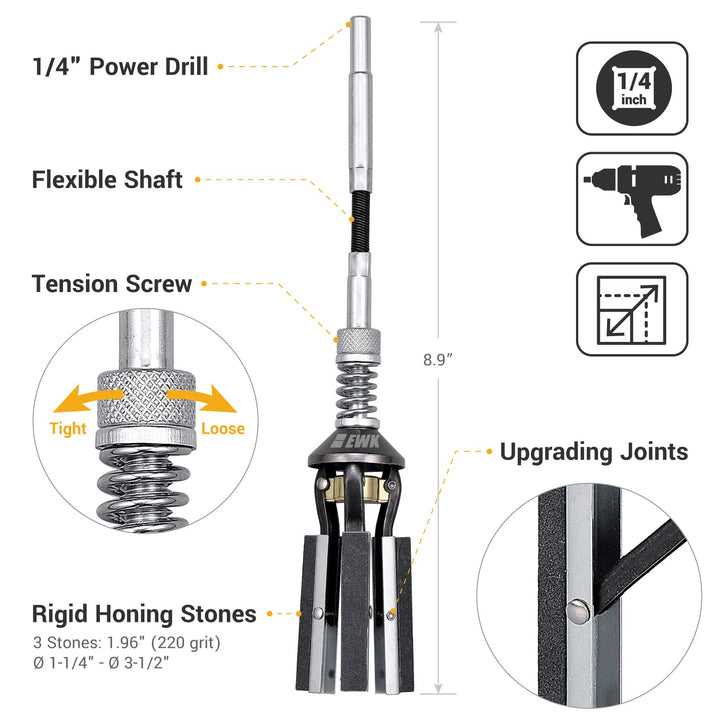 1-1/4 to 3-1/2 Inch 3 Stones Engine Cylinder Hone Tool Adjustable Cylinder Deglazer Piston Honer 220 Grit
