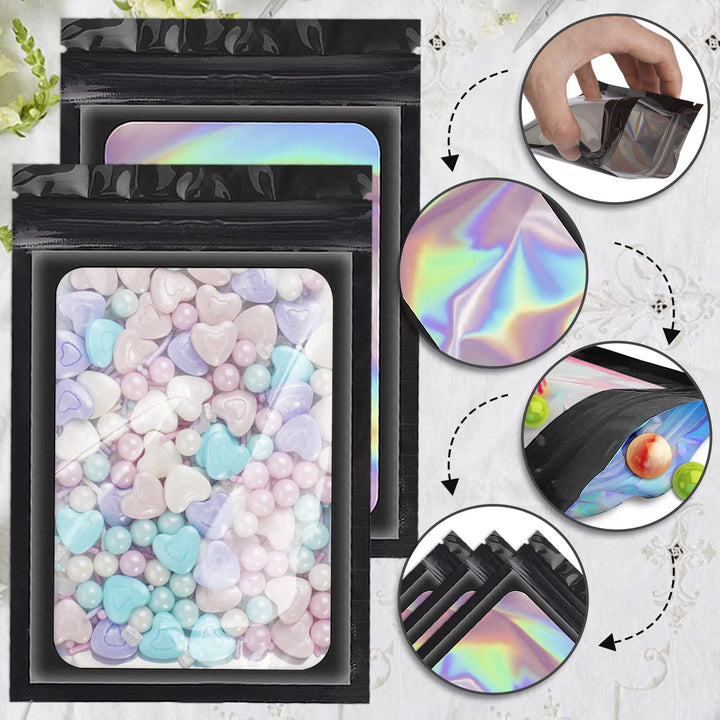 100 Pack Holographic Bags, Smell Proof Packaging Bags, Clear Window Resealable Odor Foil Pouch Mylar Bags for Food Storage and Lipgloss, Jewelry Lash (Black, 4.3 x 7.5 Inch)