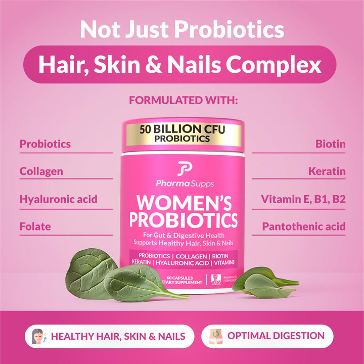 Advanced Women&#39;s Probiotics for Gut Health with Hair, Skin, &amp; Nails Vitamins Support - 50 Billion CFU w/Collagen, Biotin &amp; Keratin - Probiotic Supplement for Digestive Health &amp; Bloating Relief.