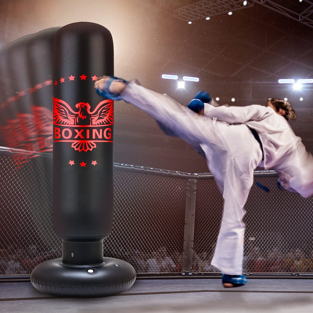 Inflatable Punching Bag for Kids 63 inch Boxing Punching Bag for Kids with Gloves, Punching Bag with Stand Adult Bounce Back Boxing Bag for Practicing Karate, Taekwondo, MMA (Red Gloves)