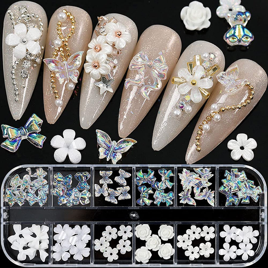 White Flower Nail Art Charms Nail Glitter Decals Decoration 3D Nail White Flower Mixed Flower Butterfly Bear Design Acrylic Nail Stud Jewelry Salon Nail Accessories Supplies for Women