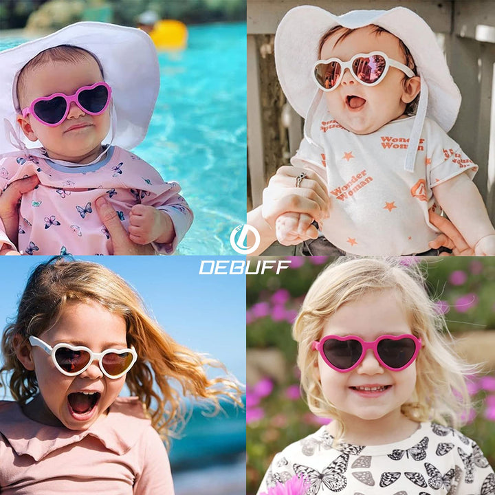 Baby Sunglasses 0-24 Months, Toddler Infant Heart Shape Polarized Baby Beach Shades (White/Purple Mirrored + Pink/Pink Mirrored)