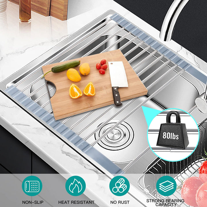 Roll Up Dish Drying Rack, 23&#39;&#39; Stretchable Roll up Sink Rack,with 2 Storage Baskets, Foldable Stainless Steel Dish Drainer for Kitchen Sink,for Kitchen Dishes,Fruits,Forks