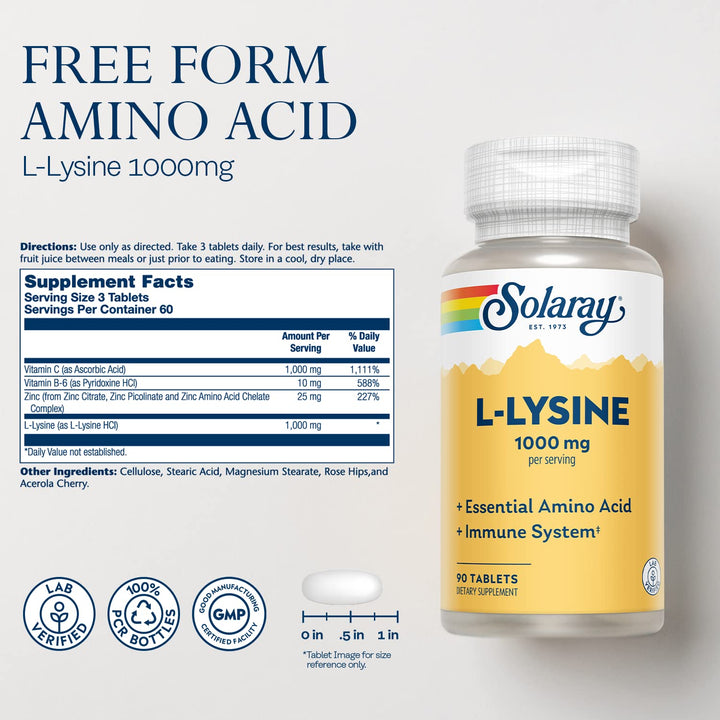 L Lysine - Free-Form Essential Amino Acid - Immune Support Supplement with 1000mg L-Lysine, 1000mg Vitamin C and 25mg Chelated Zinc - Lab Verified, 60-Day Guarantee, 30 Servings, 90 Tablets