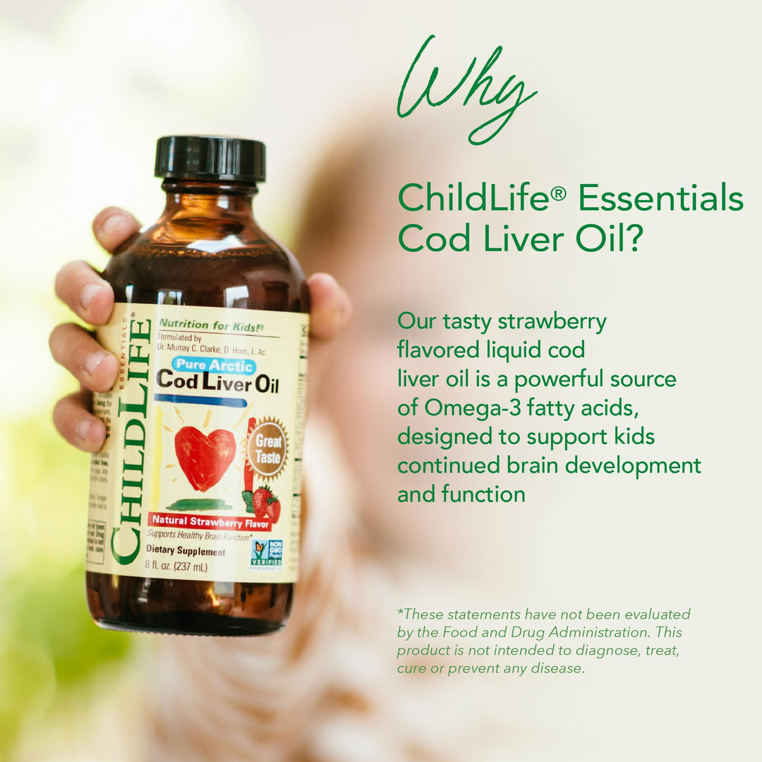 CHILDLIFE Essentials Cod Liver Oil for Kids - Liquid, Arctic Cod Liver Oil for Babies 6+ Months, Toddlers, &amp; Children, Added DHA, EPA, Omega-3 Fatty Acids - Strawberry, 8 fl oz
