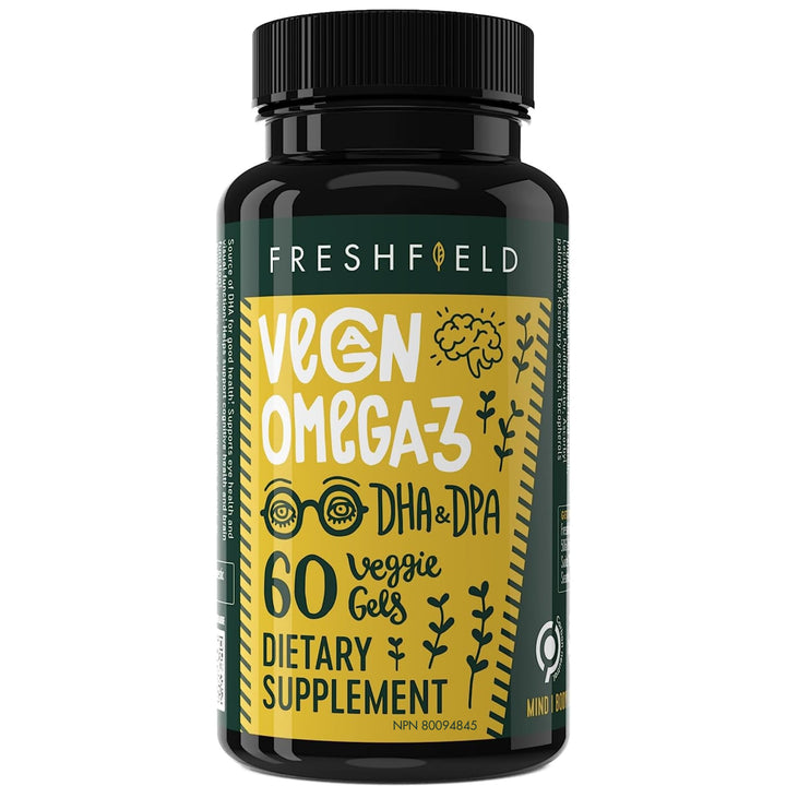 Freshfield Vegan Omega 3 DHA: Sustainably Sourced, Tested, GMP, Premium, Carrageenan Free, Compostable Bottle, Fish Oil Replacement, Carbon Neutral. Supports Heart, Brain, Joint Health w/DPA