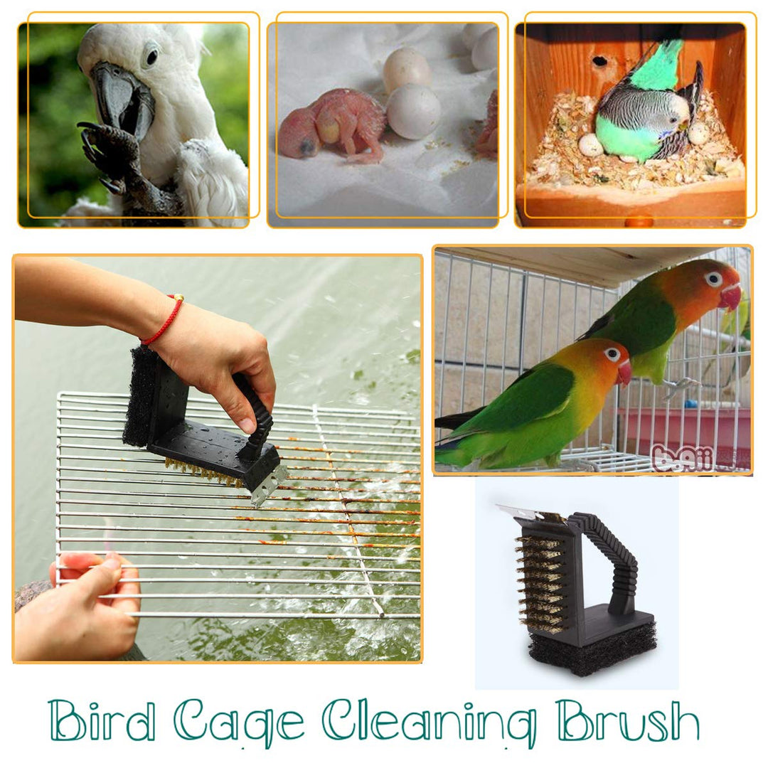 Bonaweite Bird Cage Cleaner, Bird Cage Cleaning Brushes, Multi-Function Stainless Steel Triangle Bird Cage Brush Set, Birdcage Cleaner Poop Off Scrub Brush Kit for Cleaning Bird Cage Perch Kennel