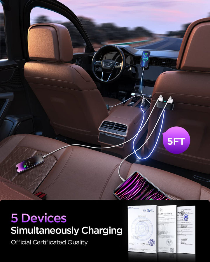 5-in-1 Car USB Charger Multi Port, 12V Car Phone Charger Adapter for Multiple Devices, Car Cigarette Lighter USB Charger with 5FT Extension Cable for Back Seat Charging