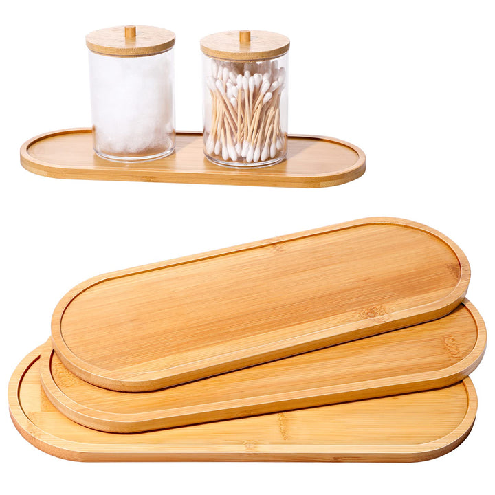 Bamboo Tea Serving Tray 3 Pcs Decorative Multi Use Bathroom Counter Tray Rounded Edges Bamboo Vanity Tray for Dresser Counter Food Coffee Tea Snack Tissues Candles, 11 x 4 Inch