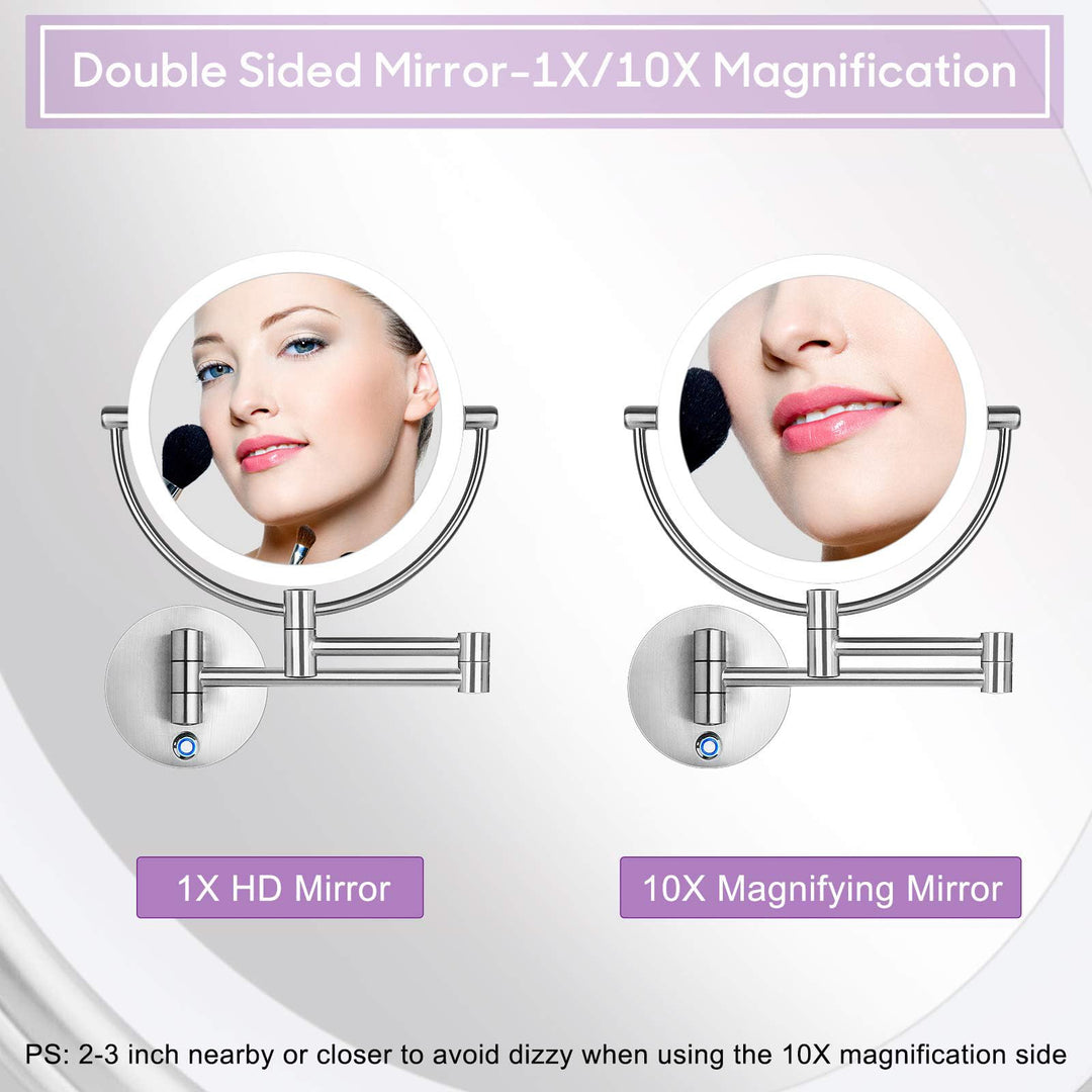 AmnoAmno Vanity Mirror 8.5 LED Double Sided Swivel Wall Mount Makeup Mirror with 10x Magnification,13.7 Extension,Touch Button Adjustable Light,Suitable for Bedroom or Bathroom