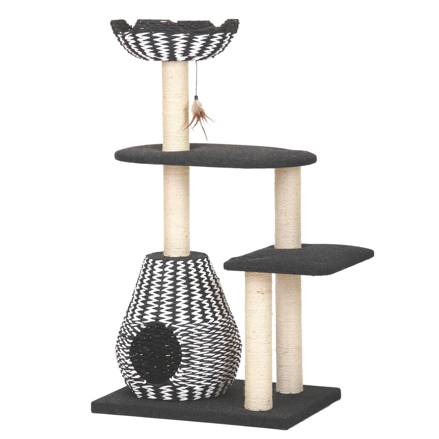 Ace 4-Level Multi-Activity Cat Tree with Felt Perches, Handwoven Recycled Paper Rope Condo, Sisal Scratching Posts, Feather Teaser Toy, Eco-Friendly & Stylish Cat Furniture, Black & White