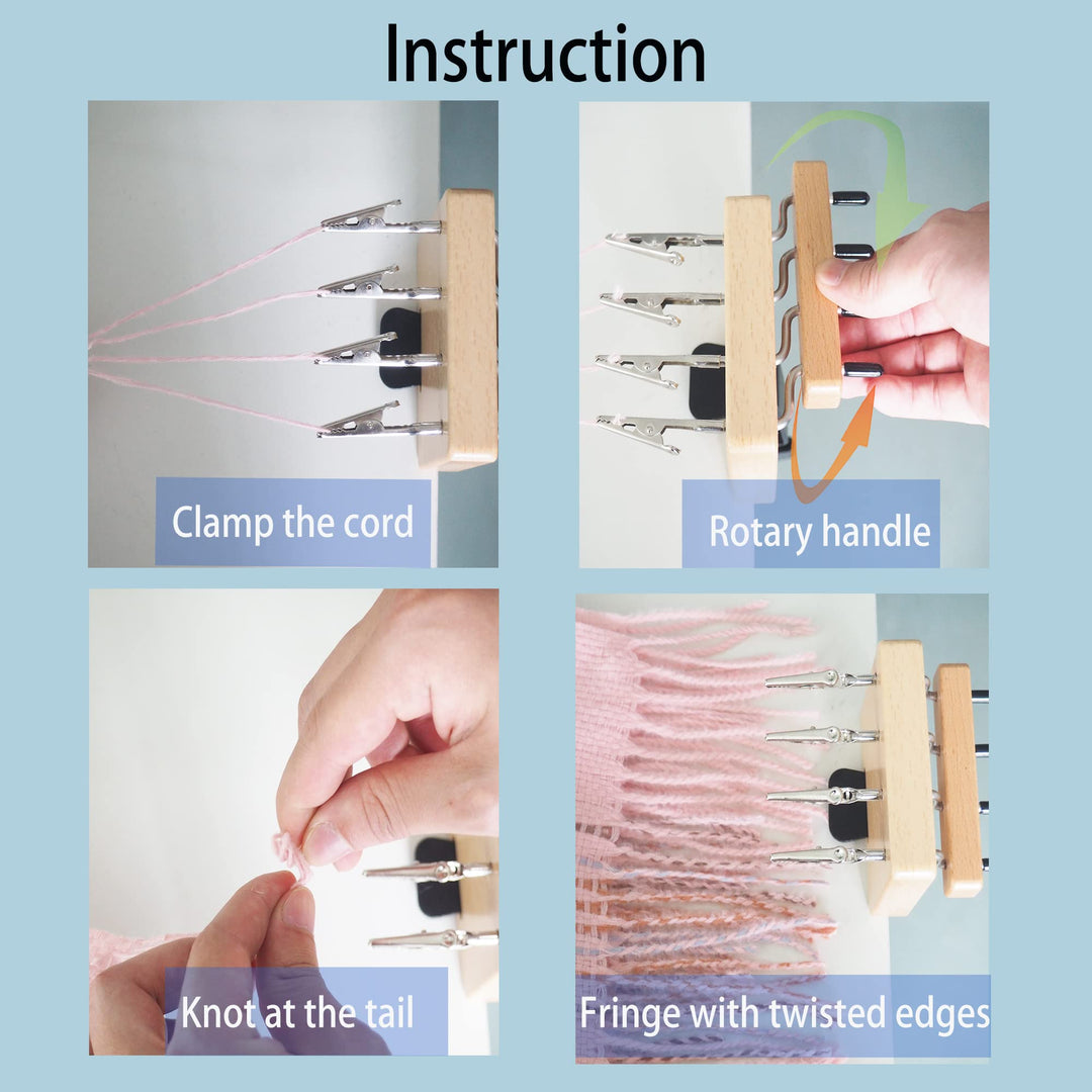 Fringe Twister with 4 Clips, Wood Cord Maker Tool for Quickly Twisting, Yarn Fringe Twister for Weaving, Tassel/Rope Making Machine